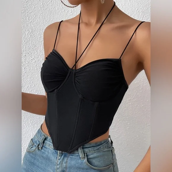 Shein Asymmetrical Hem Bustier Cami Top NWOT Size Medium Black - Picture 2 of 8